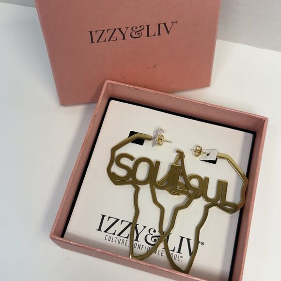 Izzy & Live Gold Tone “SOUL” Africa Shaped Hoop Earrings New - Picture 3 of 7